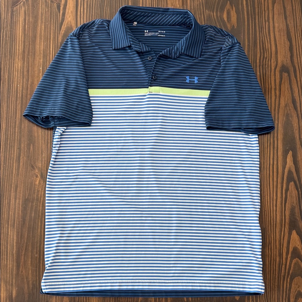 Under Armour Men's Navy Blue White Striped Polo Size Large Heatgear